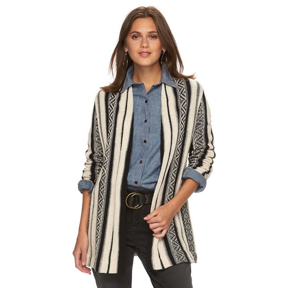 Chaps Southwestern Knit Open Cardigan Sweater Beige Boho Bohemian Size 3X Winter - Picture 1 of 10